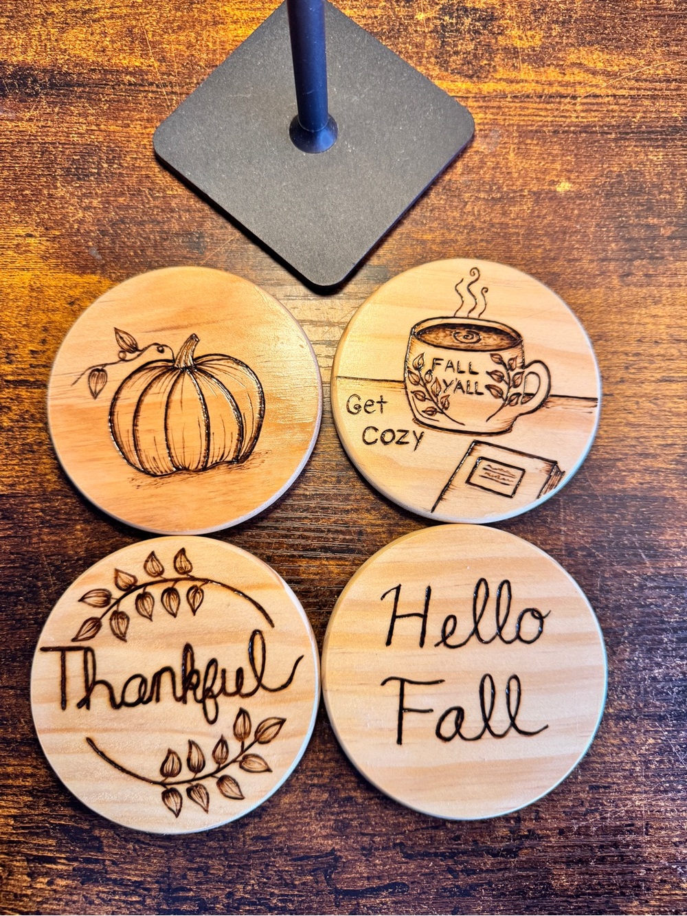 Fall Set- 4 handmade wood-burned coasters.